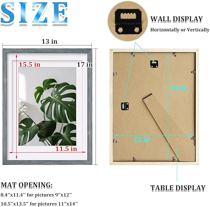 Egofine 12x16 Picture Frame Made of Solid Wood Covered by Plexiglass, Display Pictures 9x12/11x14 with Mat or 12x16 Without Mat for Wall Mounting Photo Frame, Rustic Blue