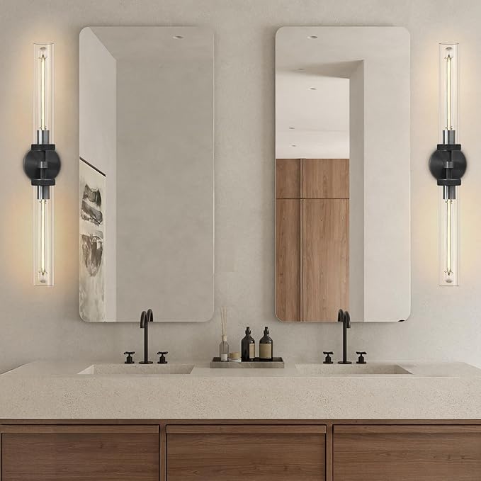 Black Wall Sconces Hardwired, 30" Bronze Wall Sconce for Bathroom, Linear Sconces Wall Lighting, 2-Light Knurled Wall Sconce Dimmable, Vanity Light with Tube Glass, Bathroom Light Fixtures over Mirror