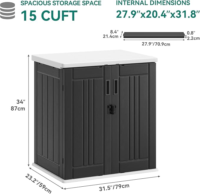 YITAHOME Outdoor Storage Cabinet with 2 Shelves, Waterproof Resin Horizontal Tool Shed, Lockable 15 cu. ft. Storage Shed for Patio, Garden, Yard, Dark Gray