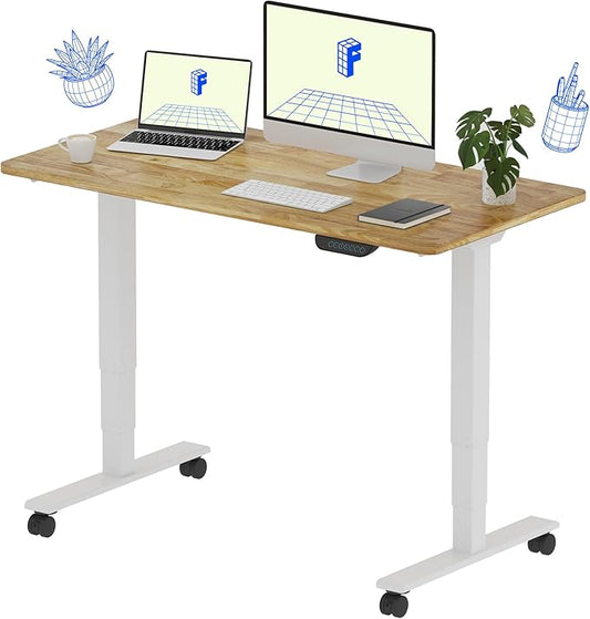 FLEXISPOT E6 MAX Rubber Wood Dual Motor 3 Stages Standing Desk 48x24 Inch Whole-Piece Board Electric Height Adjustable Stand Up Desk 150KG Load Capacity(White Frame + Rubber Wood Desktop)