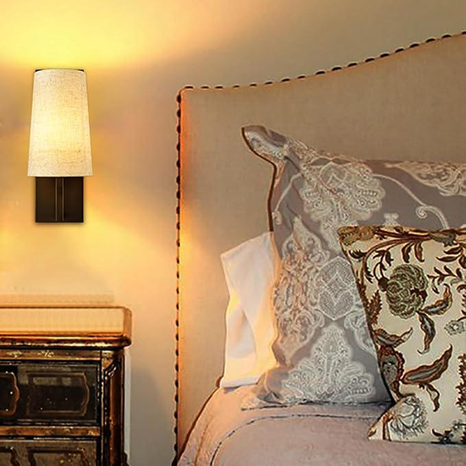 Farmhouse Black Wall Sconces Set of Two Modern Matte Black Wall Lamp with Fabric Shade for Bedroom Hallway Living Room