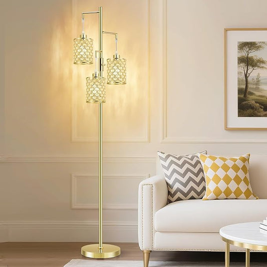 GyroVu Morden Gold Crystal Floor Lamps for Living Room, 3-Light Standing Tall Lamp with Elegant K9 Crystal Shade & Rotary Switch, Modern Corner Floor Lamp for, Bedroom, Home Office, Reading