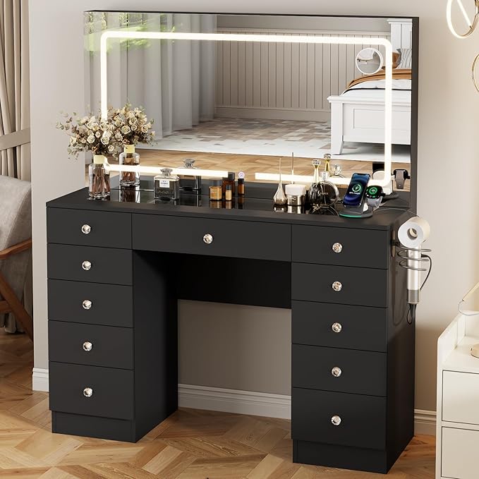 Vanity Desk with Mirror and Lights, 11 Drawers Makeup Vanity Desk with Tempered Glass top, 3 Lighting Modes Adjustable Brightness, Black Vanity with Magnetic 5X Magnifier for Bedroom