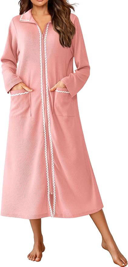 Ekouaer Zipper Robes for Women Long Waffle Knit Bathrobe Lightweight Long Sleeves Robe Soft Sleepwear with Pockets S-XXL
