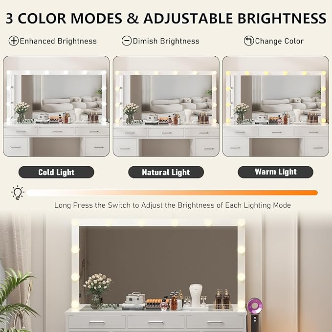 Likein Vanity Desk Set with Mirror and Lights & Power Strip, 47" Glasstop Vanity Makeup Desk with 9 Drawers for Girls, Lights Adjustable Large Hollywood Mirror Dressing Table with Chair for Bedroom