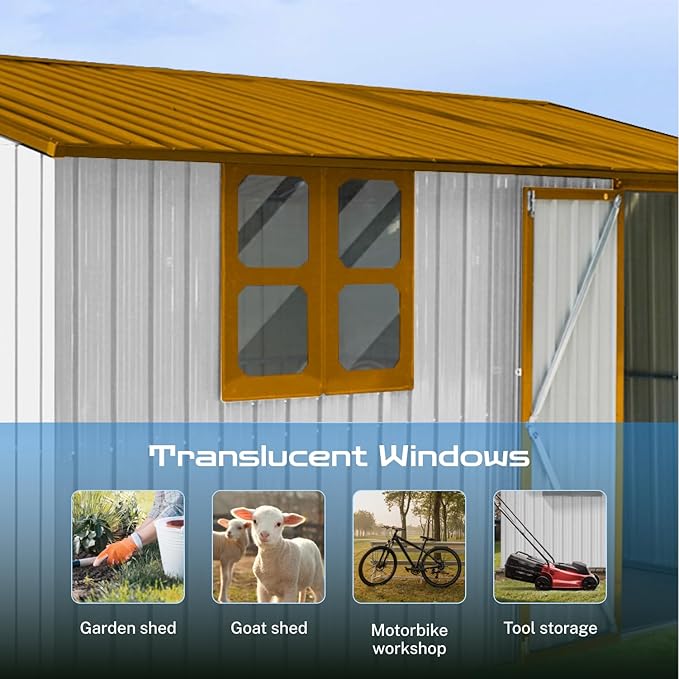 12 x 10 FT Outdoor Storage Shed with Floor, Metal Garden Tool Shed with Vents,Windows,Slooping Roof and Lockable Doors, All-Weather Bike Shed Easy to Assemble for Backyard, Patio, Lawn, White