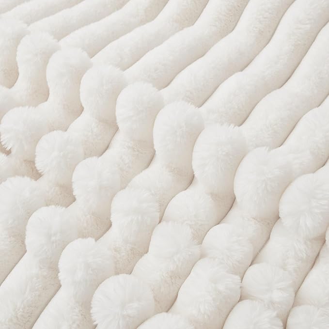 Faux Fur Throw Blanket for Couch, Cozy Warm Plush Striped Blanket for Sofa Bedroom Living Room, 50x60 Inches Cream White