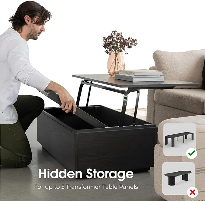 Transformer Table Lift Top Coffee Table with Storage, Black Coffee Table for Living Room, Home Office & Dining, Space-Saving Small Coffee Desk with Panel Hidden Storage for Transformer Dining Table