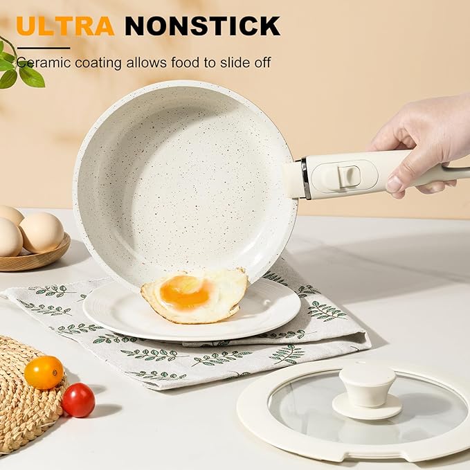 20 Pcs Ceramic Cookware Set Non Stick Frying Pots and Pans Set Non Toixc Cookware-PFAS/PFOA/PTFE Free, with Removable Handle for RV Kitchen, Induction & Dishwasher Safe Cream White