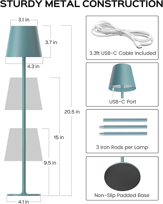 Cordless Table Lamps Rechargeable, 3 Adjustable Height, 5000mAh Battery Operated, 3 Colors Smooth Dimming, Portable LED Waterproof Table Lamp for Kitchen, Bedroom, Outdoor (2 Pack-Lake Blue)