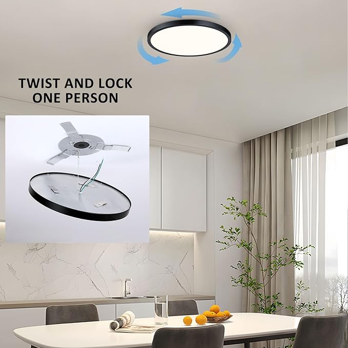 Flush Mount Ceiling Light Fixture, 14 Inch LED Modern Kitchen Light, Slim Dimmable Black Flush Mount Light for Low Ceiling, Laundry, Hallway, Metal and Glass Lighting, 26W, 3000K