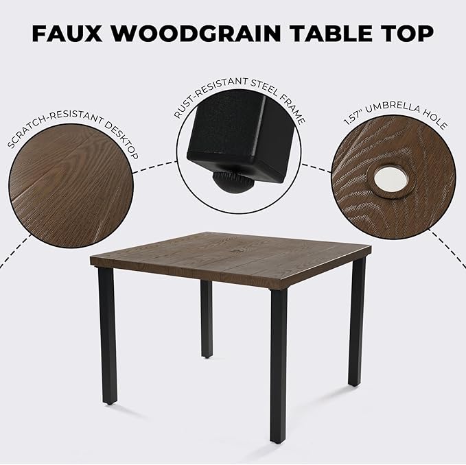 Grand patio 5-Piece Outdoor Dining Set for 4, Metal Woven Wicker Fixed Patio Chairs with Thickened Cushions & 1 Square Woodgrain Dining Table with Umbrella Hole for Backyard Deck (Brown)