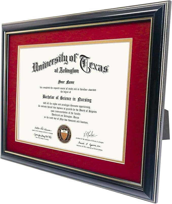 GraduationMall 8.5x11 Diploma Frame with Red over Gold Mat or Display 11x14 Certificate without Mat,Solid Wood & UV Protection Acrylic,Glossy Black Finish with Gold Trim,2 Pack
