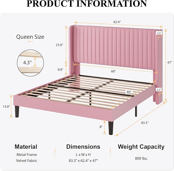 SHA CERLIN Queen Size Velvet Bed Frame with Vertical Channel Tufted Wingback Headboard, Upholstered Platform Bed with Wood Slats, No Box Spring Needed, Easy Assembly, Pink