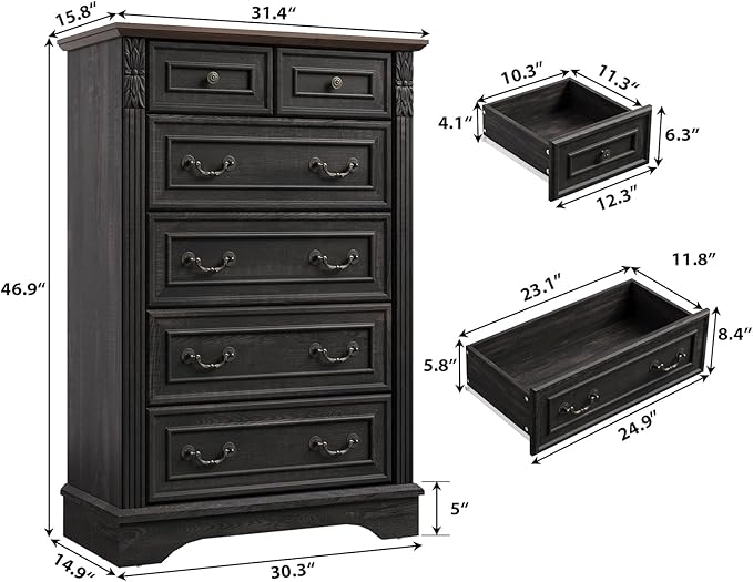 Farmhouse 6 Drawers Dresser, Wood Dressers for Bedroom, Tall 6 Chset of Drawers with Carved Wood Pilasters, Rustic Dressers Organizer for Bedroom, Hallway, Black
