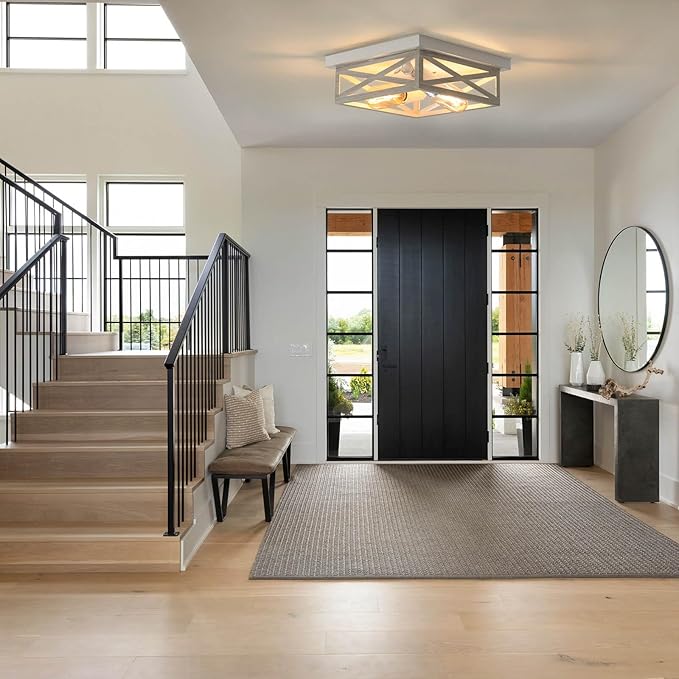 2 Pack White Flush Mount Ceiling Light, Farmhouse Ceiling Light Fixtures, 2-Light Rustic Metal Finish Industrial Kitchen Light Fixture for Bedroom, Hallway Light