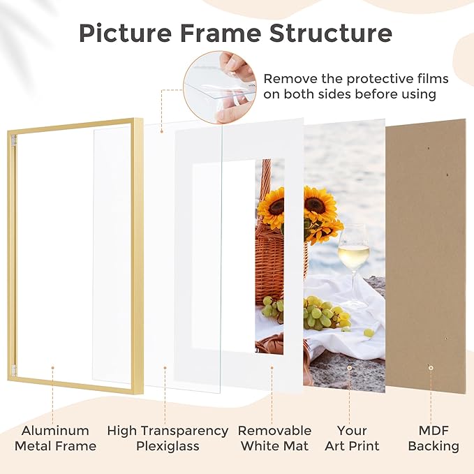 11x14 Picture Frame - 11 by 14 Metal Picture Frame With Mat For 8x10 | 14x11 Frame Aluminum | Plexiglass And Hanging Hardware Included | 11x14 Poster Frame | Gold