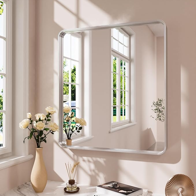 Brushed Nickel Bathroom Mirror 38x38 Inch, Brushed Silver Metal Frame Mirror Wall Mounted, Rounded Bathroom Vanity Mirror, Tempered Glass, Anti-Rust, Horizontal/Vertical