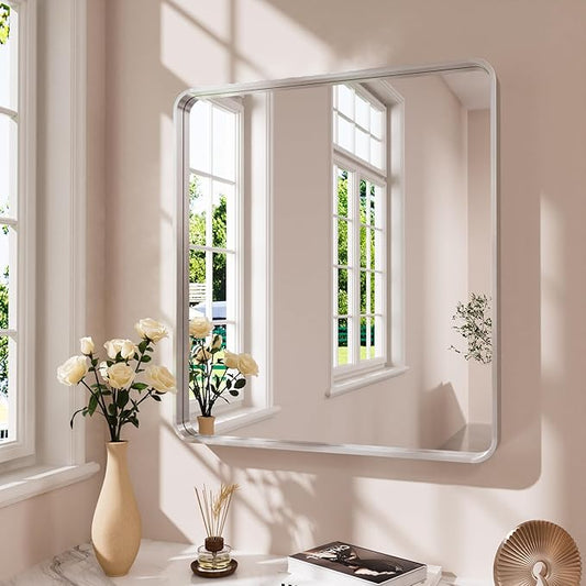 Brushed Nickel Bathroom Mirror 36x36 Inch, Brushed Silver Metal Frame Mirror Wall Mounted, Rounded Bathroom Vanity Mirror, Tempered Glass, Anti-Rust, Horizontal/Vertical
