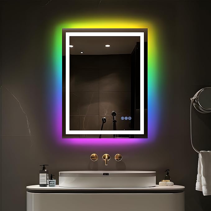 Antok 28"x 36" LED Bathroom Mirror with Lights, Anti-Fog, Dimmable, Lighted Vanity Mirror with Tempered Glass, Memory Function, 11 Light Modes, Safe Use, Horizontal, Vertical