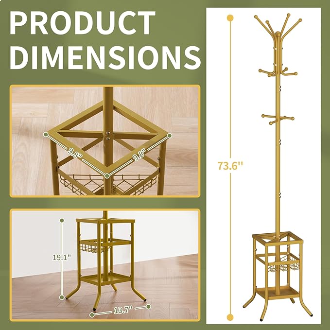 Yoobure Coat Rack Freestanding - Coat Tree with Umbrella Holder, Metal Coat Rack Stand with 12 Hooks, Modern Coat Hanger Stand for Entryway, Purse Rack Hat Rack Stand for Living Room Bedroom Office