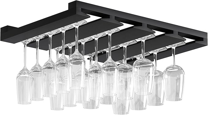 Rustic State Eze 4 Sectional Under Cabinet Mount Wood Stemware Rack Hanging Shelf Glassware Holder Bar Organizer with up to 12 Wine Glass Storage 12 Inch Deep - Black