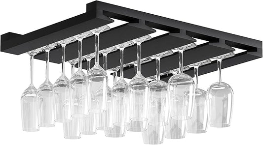Rustic State Eze 4 Sectional Under Cabinet Mount Wood Stemware Rack Hanging Shelf Glassware Holder Bar Organizer with up to 12 Wine Glass Storage 12 Inch Deep - Black