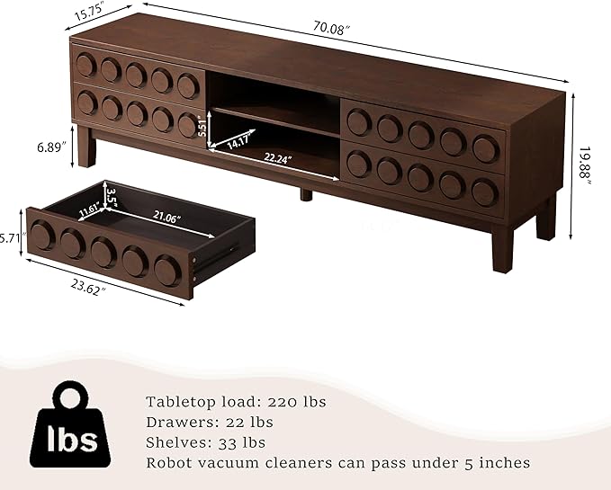 70" Modern TV Stand, Entertainment Center for Tvs up to 75", Unique Circular Design, TV Media Console with 4 Drawer & Open Storage for Living Room (Walnut)