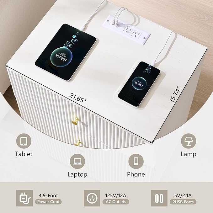 21.65" Night Stand with Charging Station, Fluted Nightstand with Drawer, 3 Drawer Dresser for Bedroom, Modern End Table Bedside Table Chests of Drawers for Bedroom, Living Room, Antique White