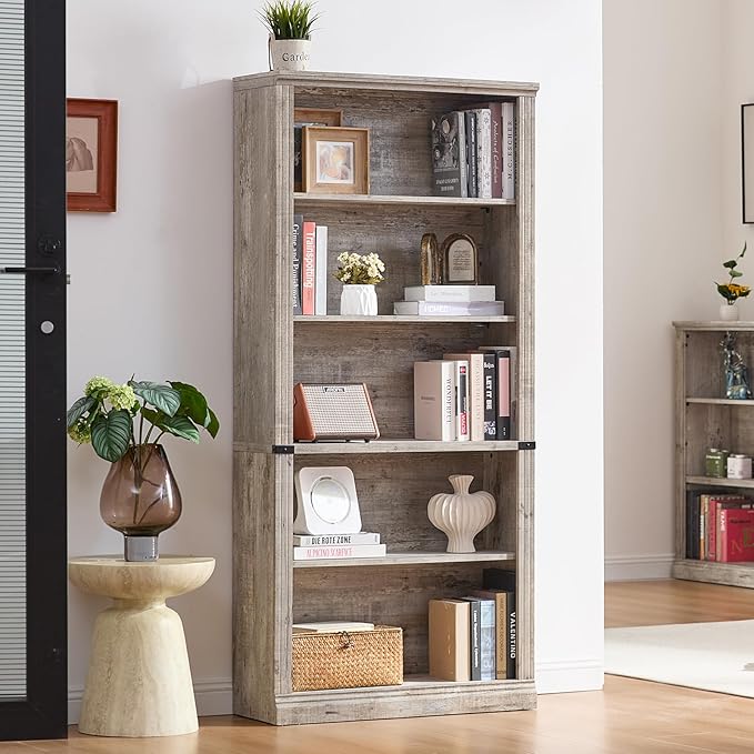 70" Grey Tall Bookshelf,5-Tier Thick Wooden Book Shelf with Adjustable Shelves,Free Standing Farmhouse Bookcase with Open Display Storage,Floor Vintage Bookshelves for Living Room,Office