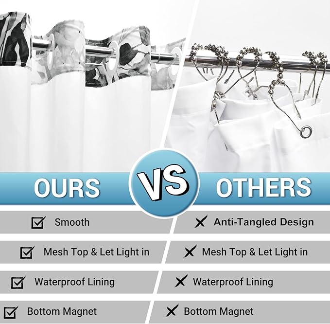 No Hook Shower Curtain with Snap in Liner - Eucalyptus Shower Curtain - Washable Waterproof Inner Liner, Plants Black Leaves Modern Shower Curtains - Machine Washable, 71 x 80