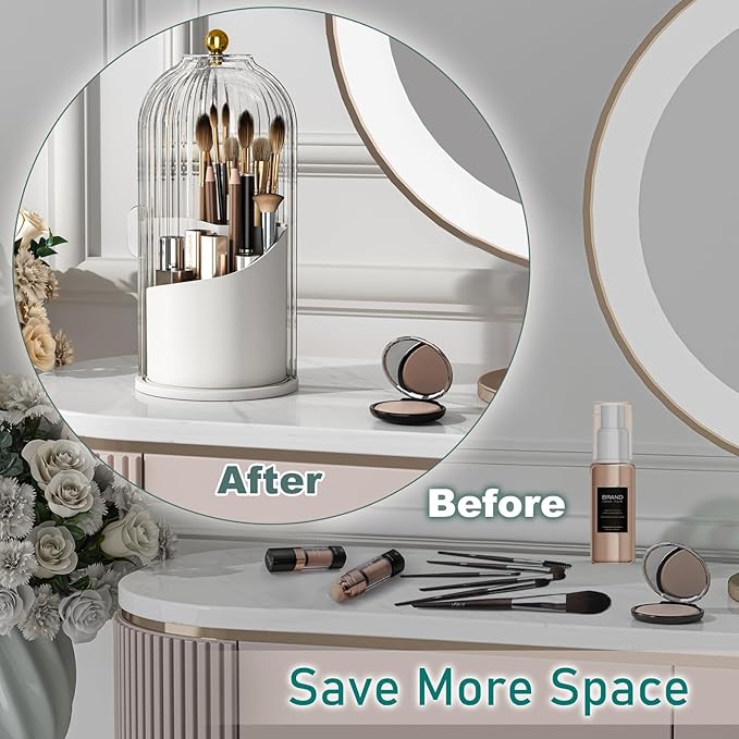 GAXmi Makeup Brush Holder with Lid Cosmetic Tools Organizer 360 Rotating Waterproof Dustproof Beauty Brushes Storage for Vanity, Transparent