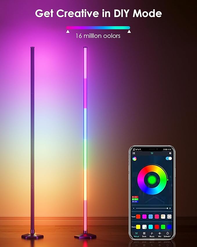 RGB+W Corner Floor Lamp, 65" Color Changing 24V LED Floor Lamp with Cool White Bluetooth APP Remote Control Music Sync Modern Stand Lamp 16 Million DIY Colors for Living Room Bedroom