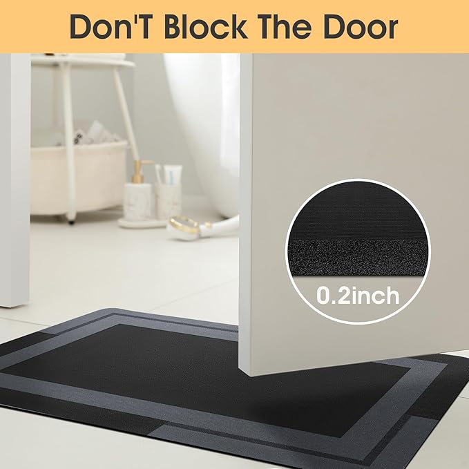 Ultra Thin Bath Mats Fit Under Door, Upgrade Backing Non Slip Bath Mat, Quick Dry Ultra Absorbent Bath Mat, Machine Washable Bathroom Rugs for Bathroom Floor, Bathtub, Kitchen, Black, 36"x24"