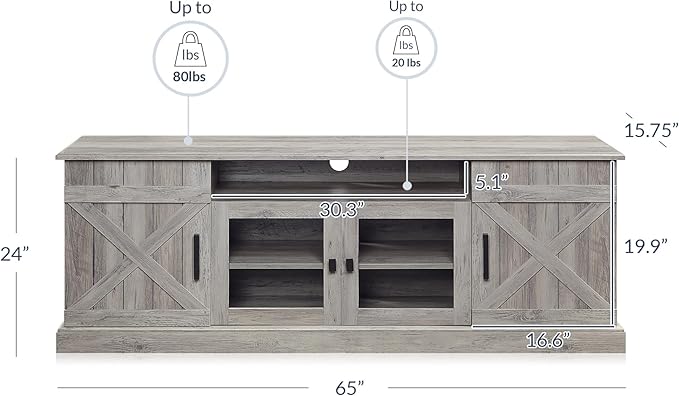 BELLEZE 65 Inch Modern Farmhouse Industrial Style Entertainment TV Stand for TVs Up to 70 Inches, Versatile Media Cabinet with Shelves and Storage - Veropeso (Gray Wash)