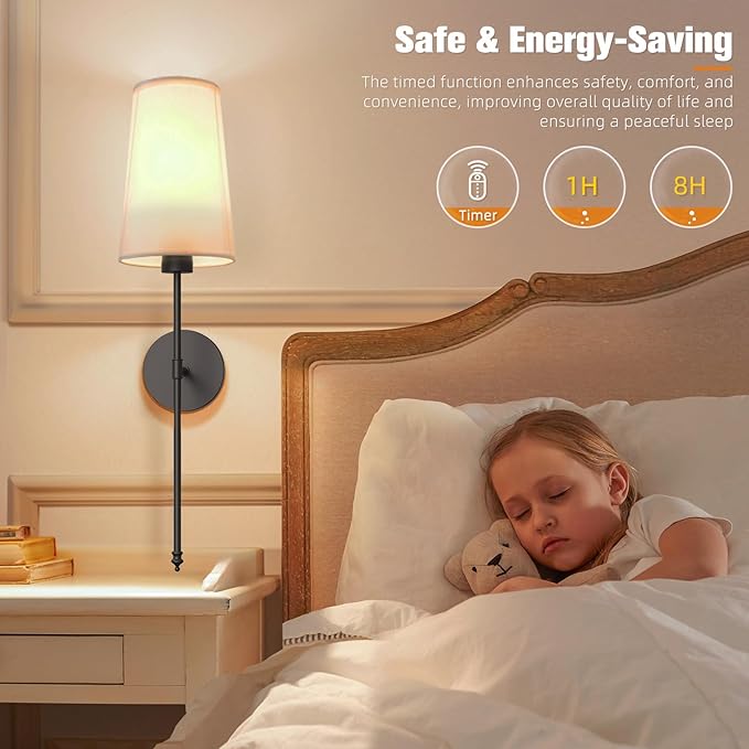 NIORSUN Black Battery Operated Wall Sconce Set of 2,Rechargeable Wall Lights with 5200mAh Dimmable Detachable Bulbs and Remote,9 Colors Wireless Sconces for Bedroom Living Room Hallway