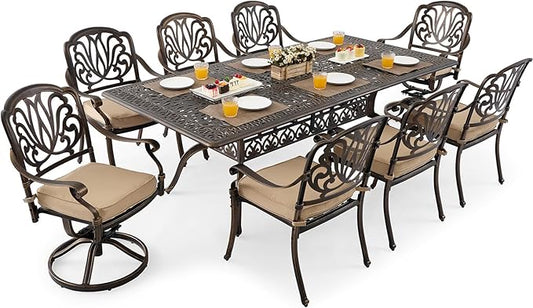 9 Piece Outdoor Dining Set Cast Aluminum, Retro Patio Dining Furniture Set for 8 Includes 86.6’’ Rectangular Table 2 Swivel Chairs with Thicker Cushion and Umbrella Hole for Patio Deck Garden