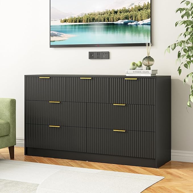 7 Drawers Dresser for Bedroom,55" Wide Fluted Dresser with Deep Drawers, Modern Chest of Drawers, Wood TV Stand Storage Organizer for Closet, Living Room, Hallway, Black