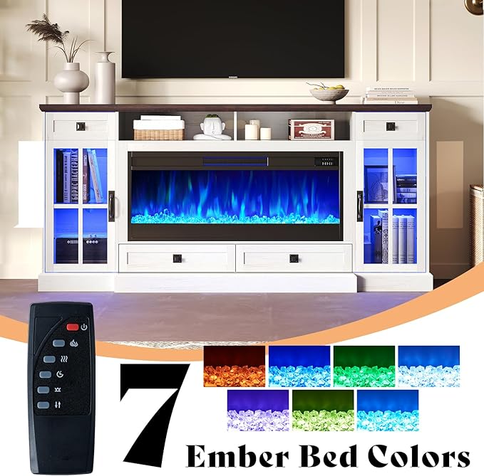 AMERLIFE 70“ Fireplace TV Stand for 80 Inch TV, Farmhouse TV Stand with 42" Fireplace & LED Lights, Entertainment Center with Storage Drawers & Cabinets, Antique White