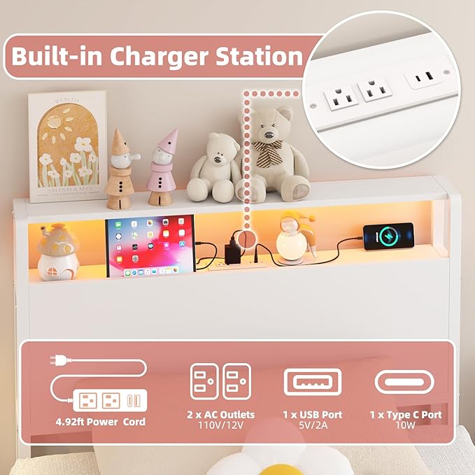 Twin Sized Headboard with 2 Tiers Storage Shelves, Sturdy and Stable Headboard with Charging Station, USB Ports and LED Light for Twin Bed Frames,White