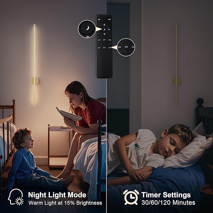 Battery Operated Modern Wall Sconces,Dimmable Wireless Wall Light Set of Two with Remote Control,3 Color Temperatures,Rechargeable LED Wall Sconce for Bedroom,Living Room,Hallway,39.3 Inch, Gold