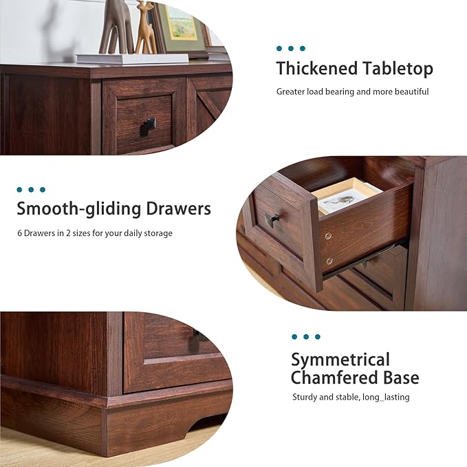 LIDYUK 6 Drawer Cherry Wood Dresser for Bedroom Farmhouse Dresser Chest of Drawers, 55" Wide Clothes Organizer with Storage Cabinet Wood Chest of Drawers for Bedroom, Living Room