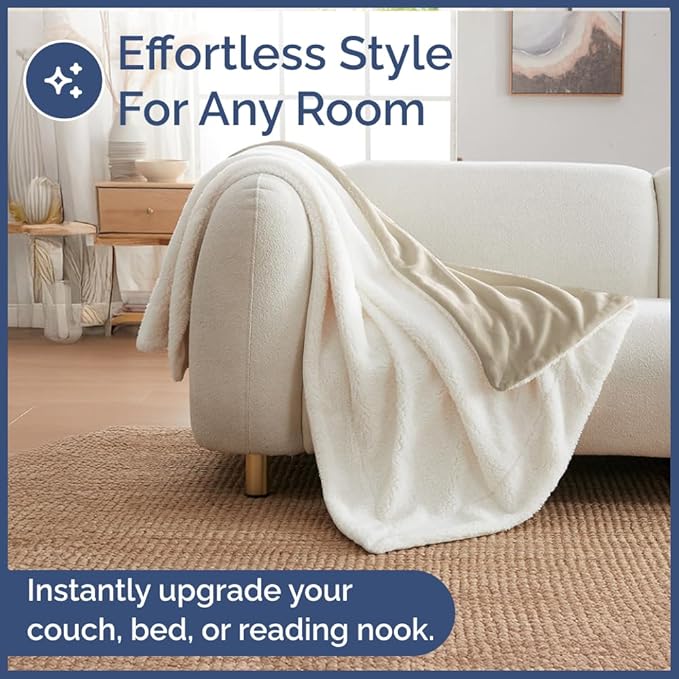 Sherpa Fleece Blanket Throw Size - Reversible Sherpa Fleece Throw Blanket - Super Soft Double Sided for Bed, Sofa, Couch - Thick, Warm, and Plush - Luxurious Bedding for Winter - Cream, 50" x 60"