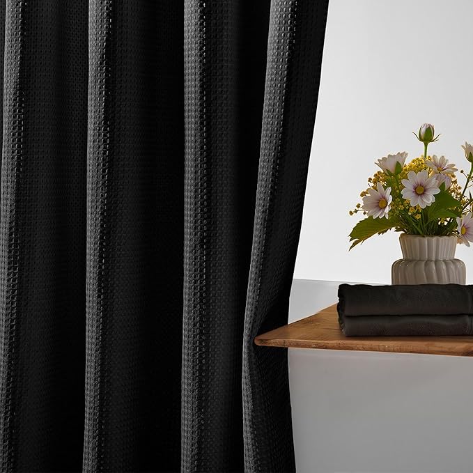 River Dream Heavyweight No Hooks Required Dotted Waffle Weave Shower Curtain with Snap in Liner - 71W x 80H,Hotel Grade,Spa Like Bath Curtain,Graphite Black