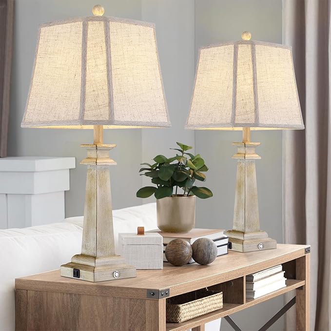 27.5" Table Lamps Set of 2, 3-Way Dimmable Touch Lamps for Nightstand, Farmhouse Table Lamp for Living Room and Bedroom with USB A+C Charging Ports, Bulbs Included (Antique White)