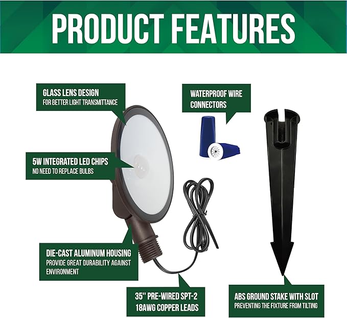 GKOLED 4-Pack Low Voltage LED Landscape Flood Light, 9-15V AC/DC Outdoor Wall Wash Lighting, 5W 450LM Waterproof Landscape Spotlight with Slot Spike, 3000K, Adjustable Knuckle Mount, Die-cast Aluminum