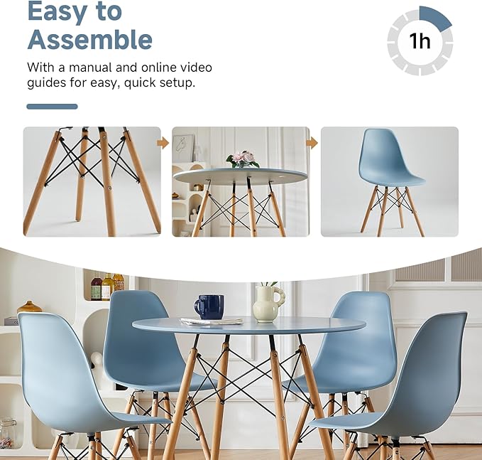 Round Dining Table Set for 4 35.5" Wood Dinner Table Circle Dining Table Kitchen Table Chairs Set of 4 with Wood Strip Base for Kitchen Living Room Space Saving Apartment(Blue)