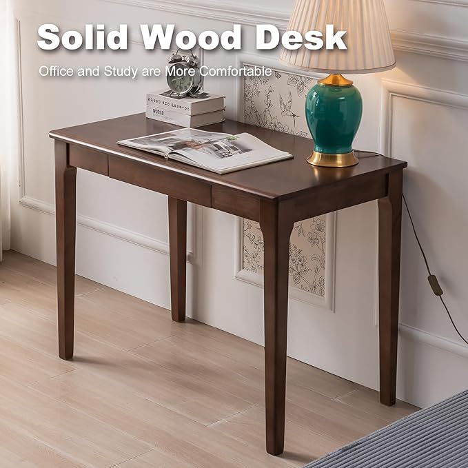 Solid Wood Desk, Gaming Study Home Office Desks for Work, Student PC Desk for Bedroom, Small Computer Desk for Small Spaces, Easy to Assemble (Walnut Color, 39inch)