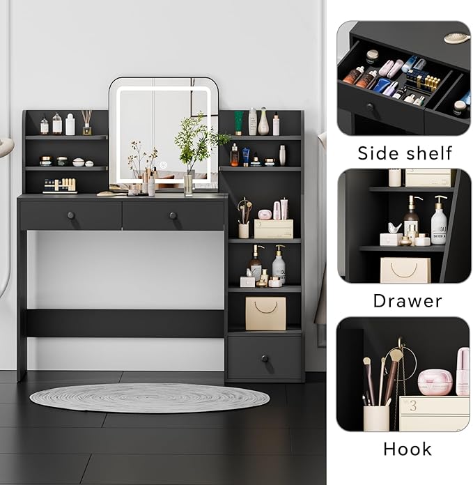Black Makeup Vanity Desk with Square LED Mirror & 6 Open Shelves - 3-Color Adjustable Lighting, 3 Drawers + Right-Side Sloped Design, Dressing Table for Bedroom, Women, Teens
