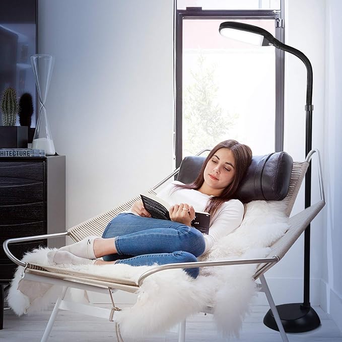 Brightech Litespan - Bright LED Floor Reading Lamp for Over Chair Crafts and Reading, Estheticians' Light for Lash Extensions, Adjustable Standing Lamp for Living Room, Bedroom, Office - Jet Black